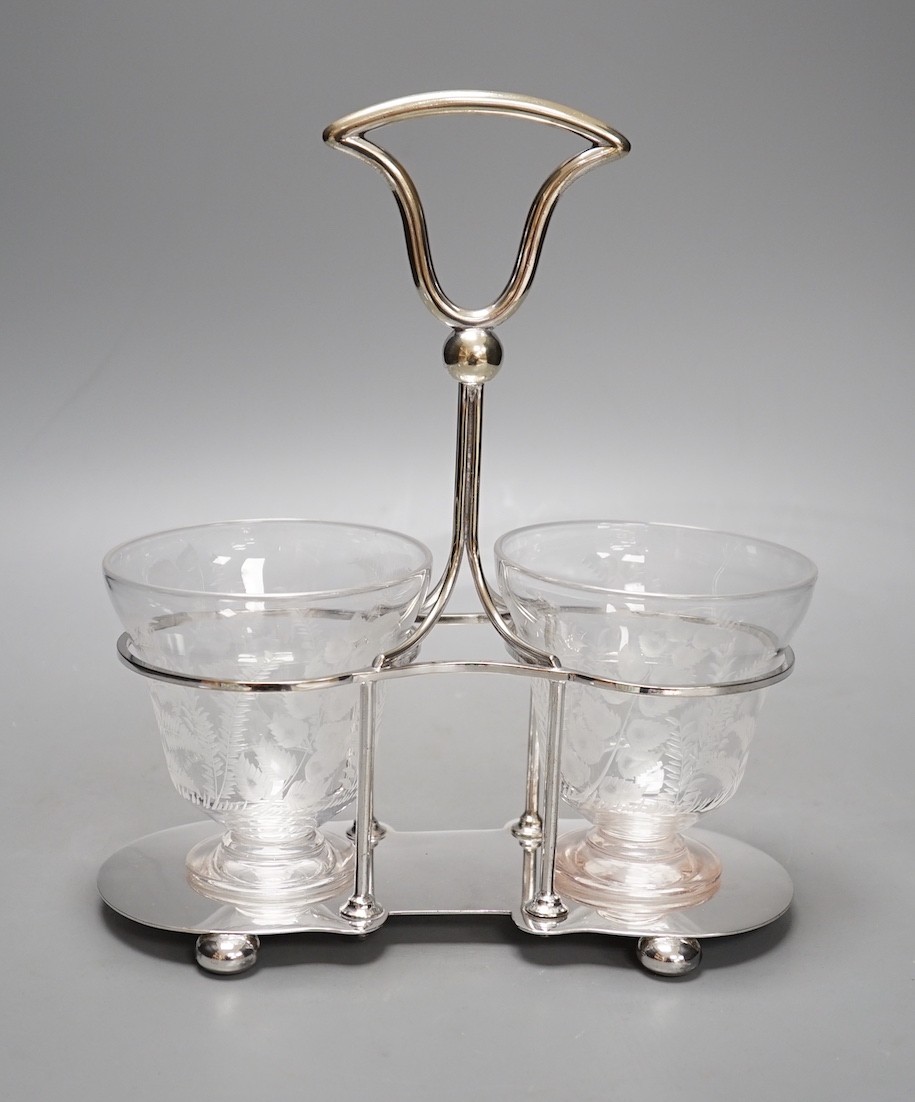 A late Victorian engraved glass and electroplate sugar and cream stand - 26cm tall